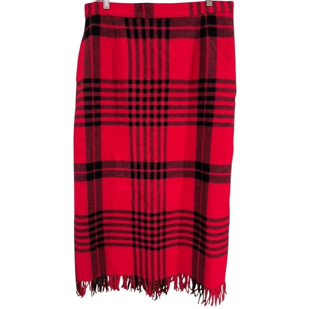 Vintage Woolrich‎ Plaid Long Skirt Fringe Wool Blend Red Black Sz 12